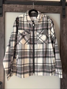 FF.LA Men's Gray, Cream & Pink Plaid Zip Shirt Jacket